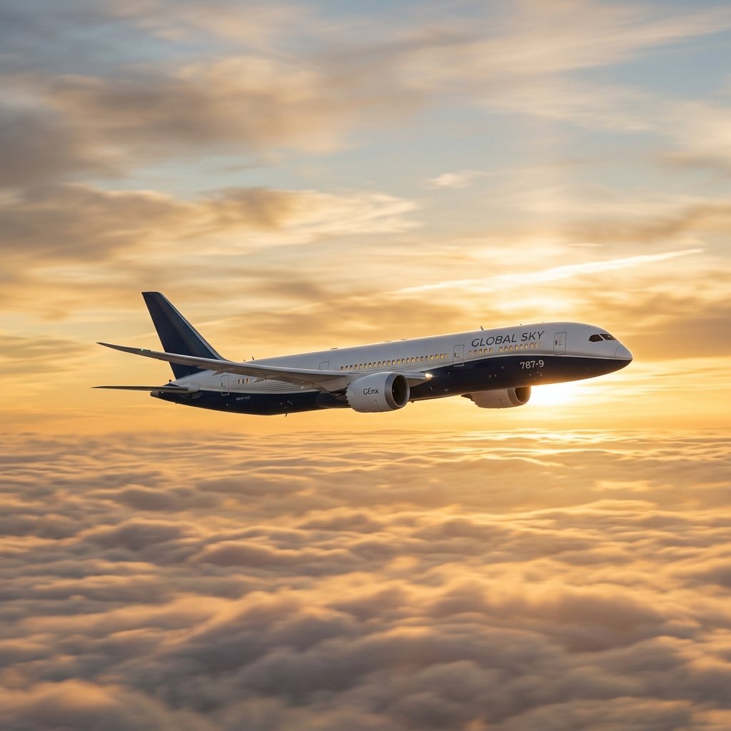 Avião de translado comercial voando no pôr do sol dourado